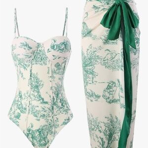 Green and White Floral swimsuit and wrap Set